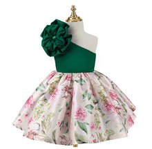Cargar imagen en el visor de la galería, Vestido de un solo hombro con flor, verde estampado
