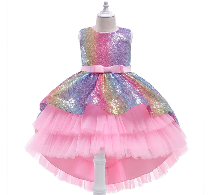 Vestido cola de pato de lentejuelas coloridas, escalonado de tul