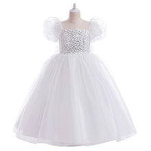 Carregar imagem no visualizador da galeria, Vestido blanco largo con mangas abullonadas detalles de lentejuelas y moño
