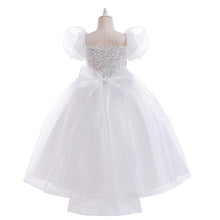 Carregar imagem no visualizador da galeria, Vestido blanco largo con mangas abullonadas detalles de lentejuelas y moño
