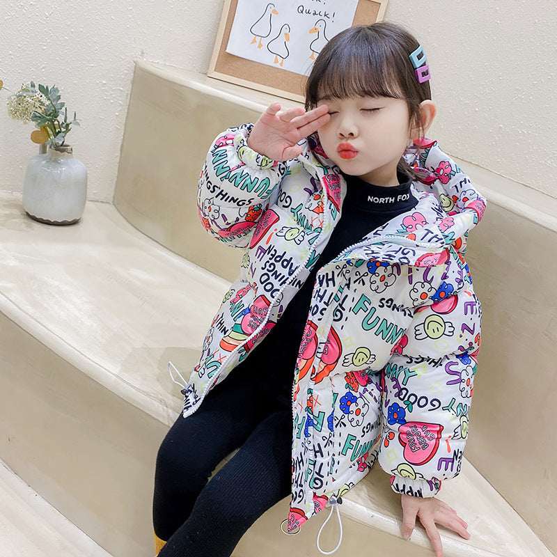 Abrigo campera de pluma con estampas coloridas y chapucha