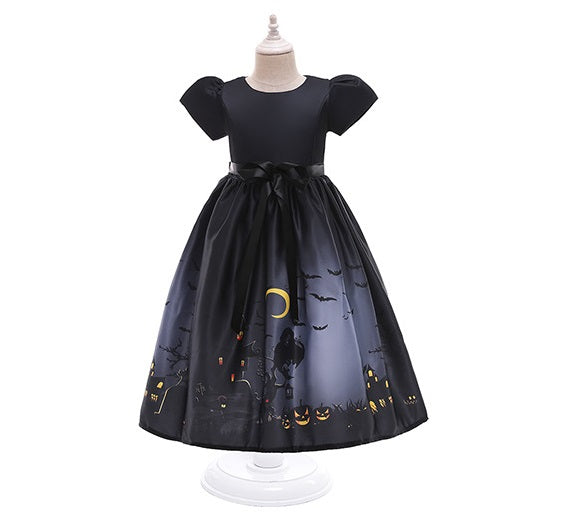 Vestido largo negro con manga abullonada y estampa halloween – Mi Bebe