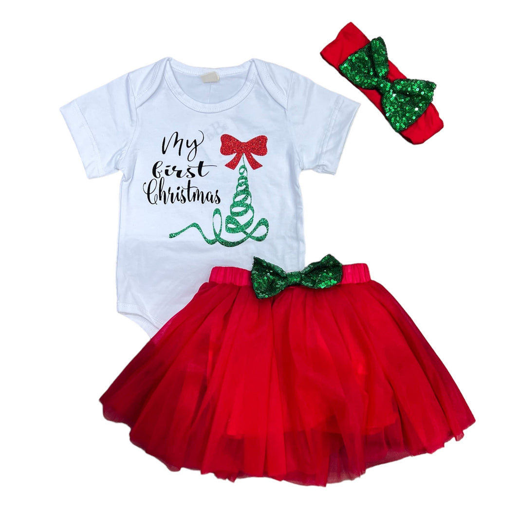 Body blanco con letras y pollera tutu rojo con moño y vincha