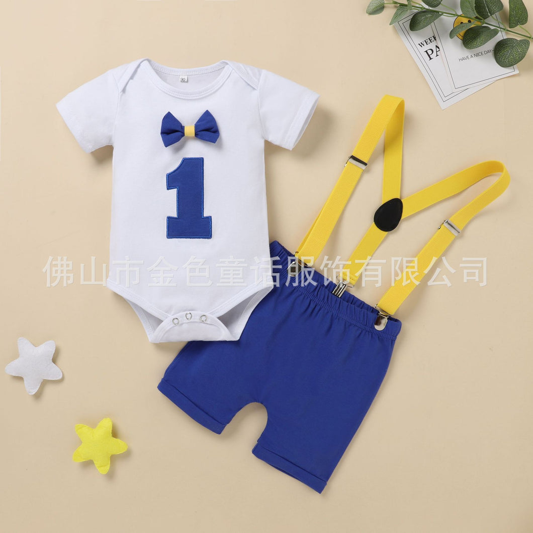 Body blanco con short azul y tirante amarillo