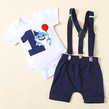 Cargar imagen en el visor de la galería, Body blanco de baby shark con short azul y tirante
