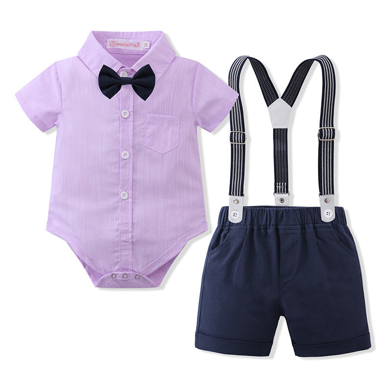 Body camisa lila con short azul, tirante y moño