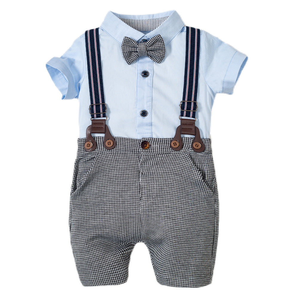 Body enterizo doble color celeste y gris cuadrille con tirante y moño