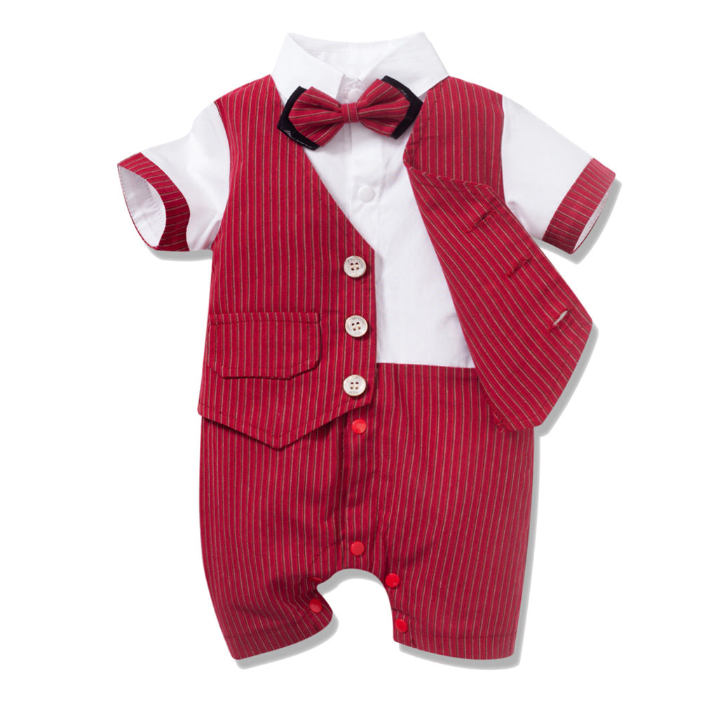 Body enterizo doble color a rayas rojo, con falso chaleco y moño