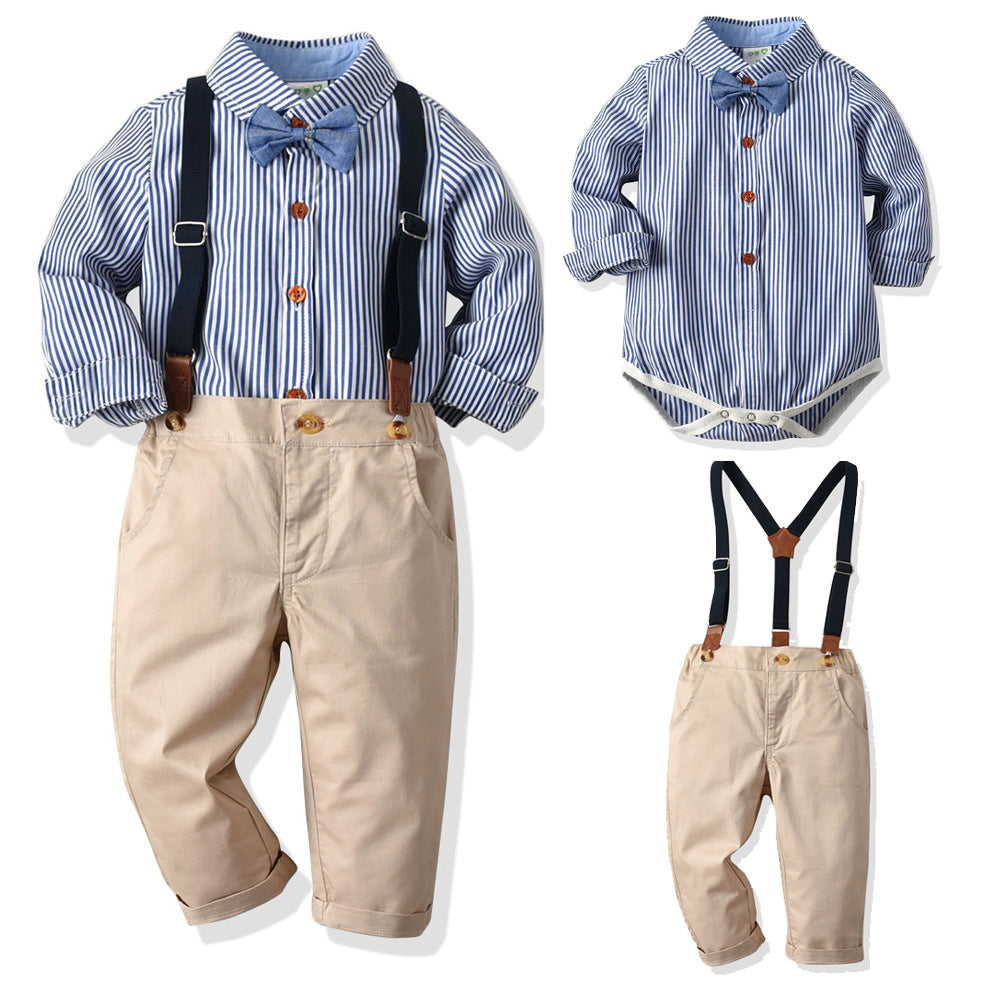 Body camisa media manga azul a rayas con moño y pantalón crema con tirante
