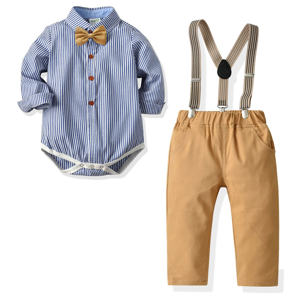 Body camisa media manga azul a rayas con moño y pantalón caqui con tirante