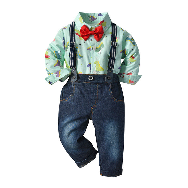 Body verde agua de dino con moño y pantalón jeans con tirante