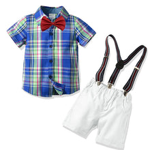 Cargar imagen en el visor de la galería, Camisa cuadrille azul + moño + short + tirantes
