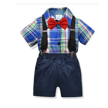 Cargar imagen en el visor de la galería, Camisa cuadrille azul + moño + short + tirantes
