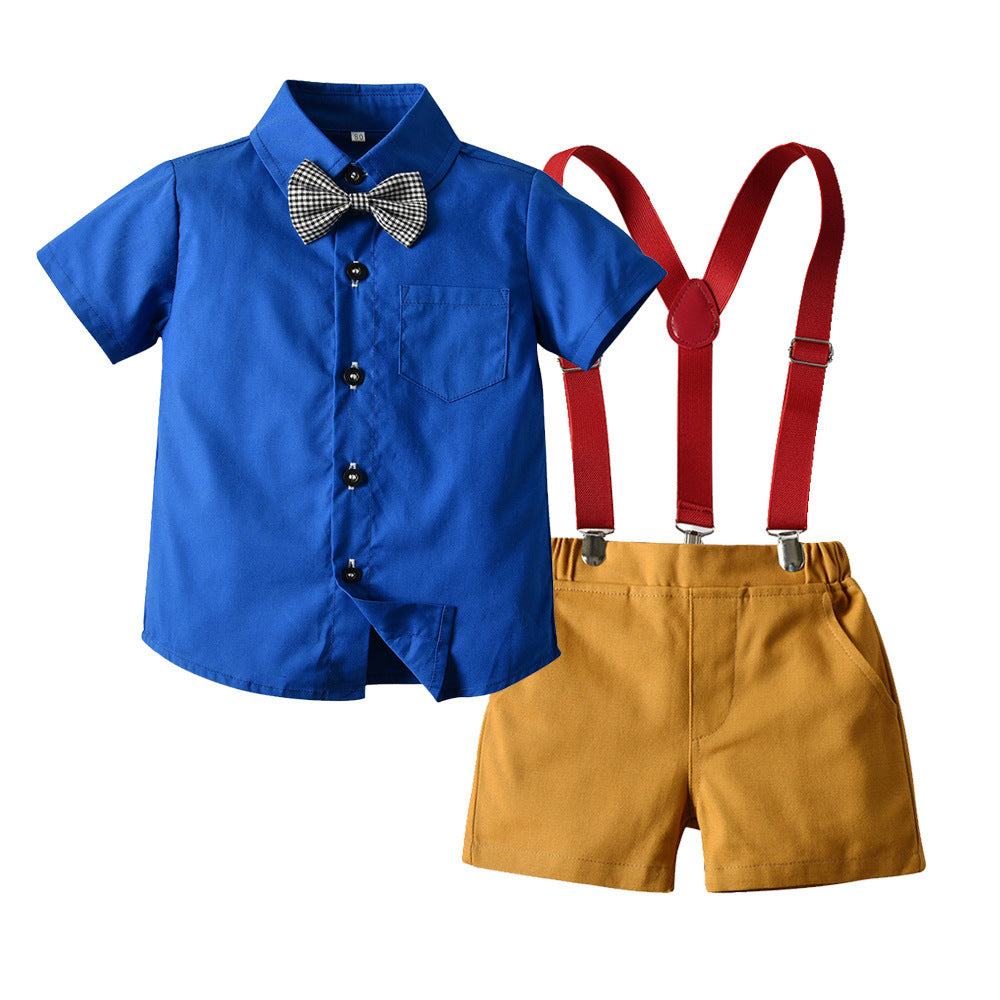 Camisa azul francia con short caqui inlcuye moño y tirantes