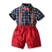 Cargar imagen en el visor de la galería, Camisa azul marino a rayas con short rojo, tirante y moño
