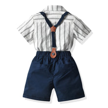 Carregar imagem no visualizador da galeria, Camisa blanca a rayas, short azul con tirantes y moño
