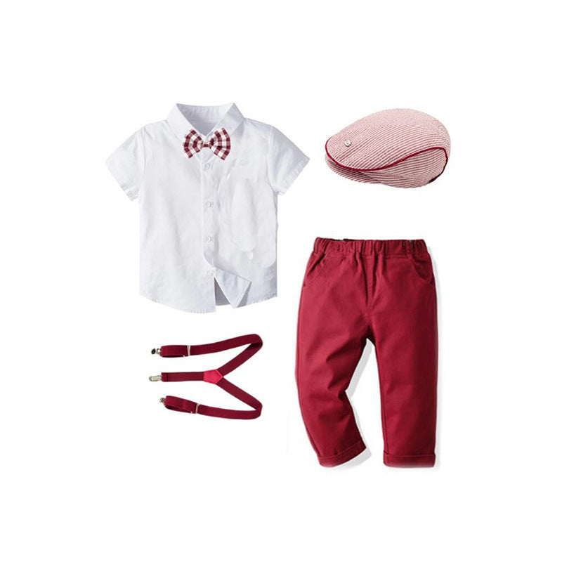 Camisa blanca con pantalón bordo, tirante, moño y boina