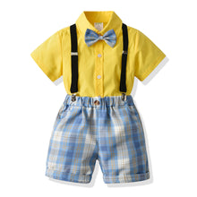 Carregar imagem no visualizador da galeria, Camisa amarillo con short cuadrille celeste, tirante y moño
