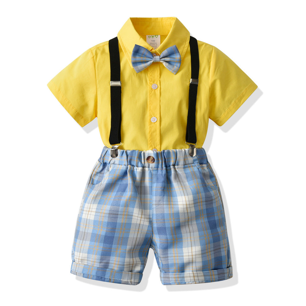 Camisa amarillo con short cuadrille celeste, tirante y moño