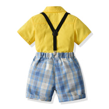 Carregar imagem no visualizador da galeria, Camisa amarillo con short cuadrille celeste, tirante y moño
