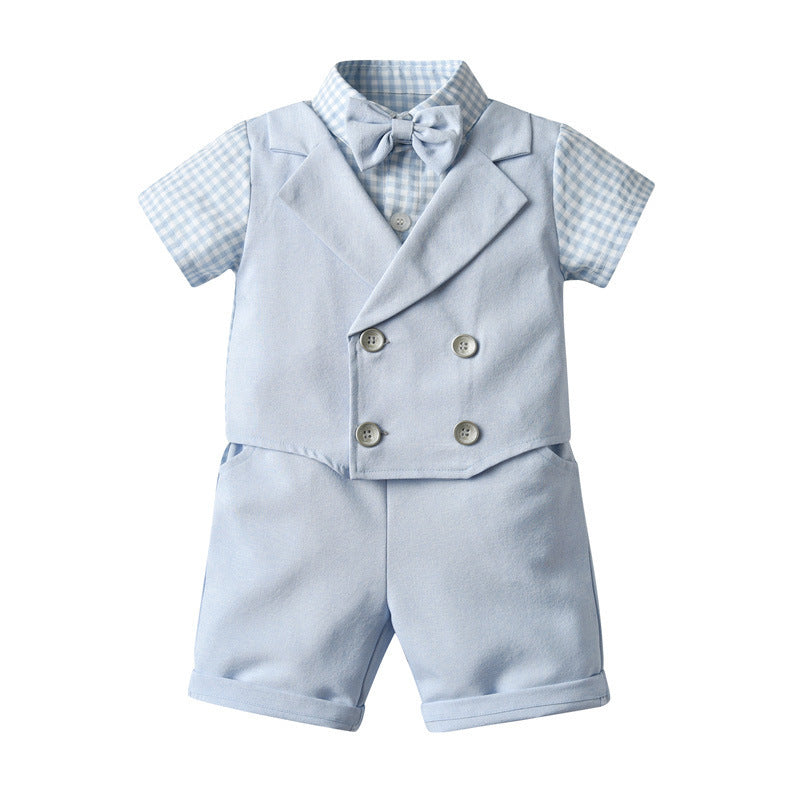 Camisa cuadrille celeste con falso chaleco, short y moño