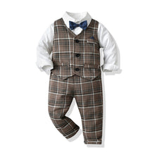 Cargar imagen en el visor de la galería, Camisa blanca mangas largas con moño azul, pantalón y chaleco marrón cuadrille
