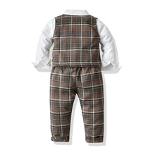Cargar imagen en el visor de la galería, Camisa blanca mangas largas con moño azul, pantalón y chaleco marrón cuadrille
