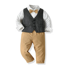 Cargar imagen en el visor de la galería, Camisa blanca con motas, chaleco gris con moño y pantalón caqui
