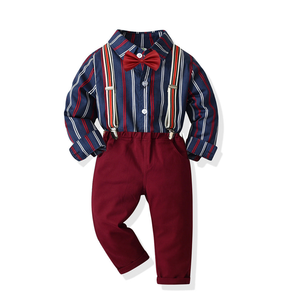 Camisa azul marino a rayas con moño y pantalón bordo con tirante