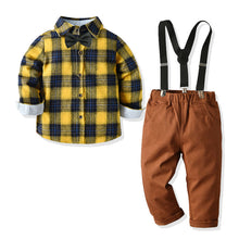 Cargar imagen en el visor de la galería, Camisa amarillo cuadrille con moño y pantalón marrón con tirante
