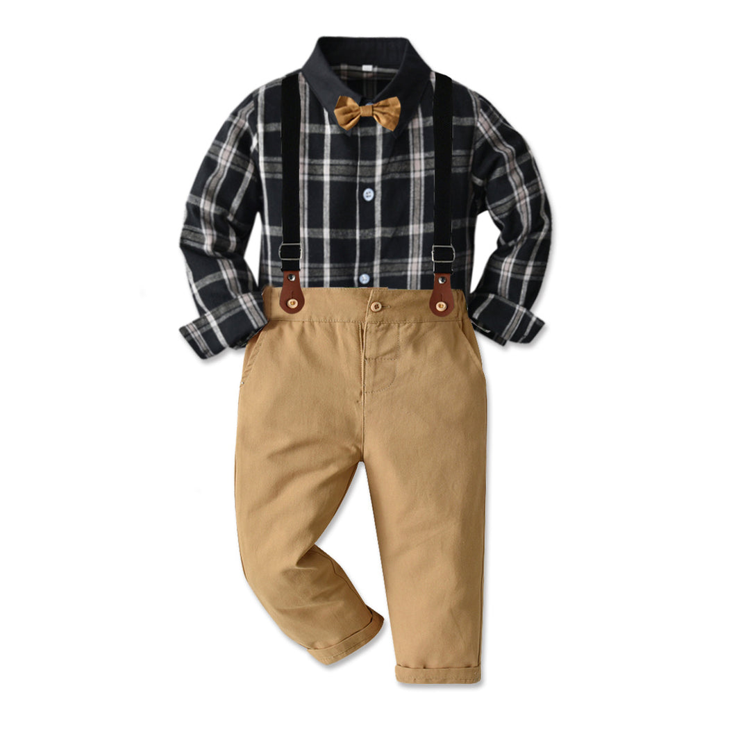 Camisa negro cuadrille con moño y pantalón caqui con tirante