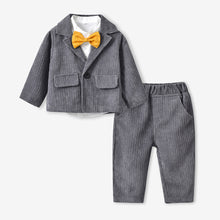 Cargar imagen en el visor de la galería, Camisa blanca con moño, saco y pantalón gris corderoy
