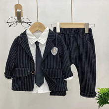 Cargar imagen en el visor de la galería, Camisa blanca con corbata, saco y pantalón a rayas
