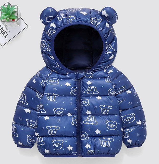 Campera de pluma con estampa varios y capucha con orejas