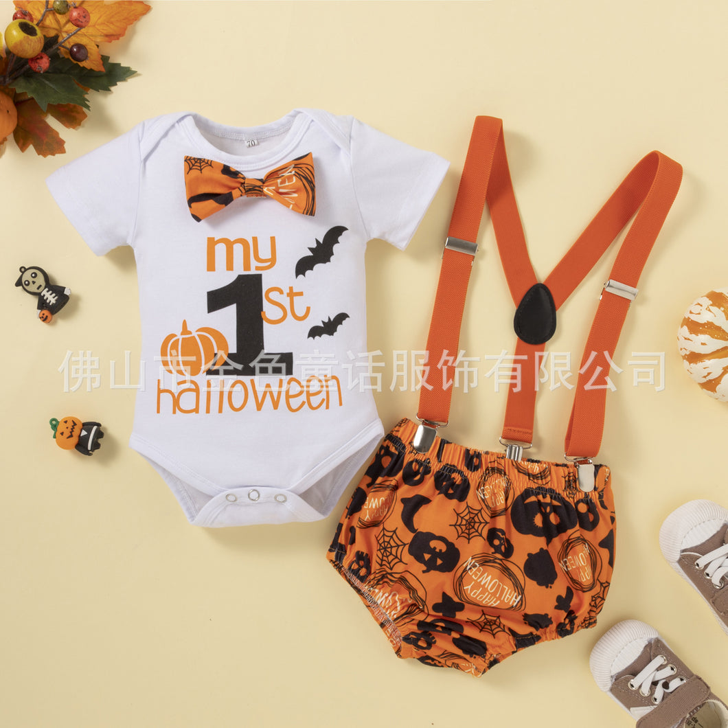 Body blanco con cubre pañal de halloween y tirante naranja