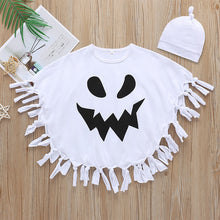 Cargar imagen en el visor de la galería, Poncho blanco con flecos tipo fantasma con gorra
