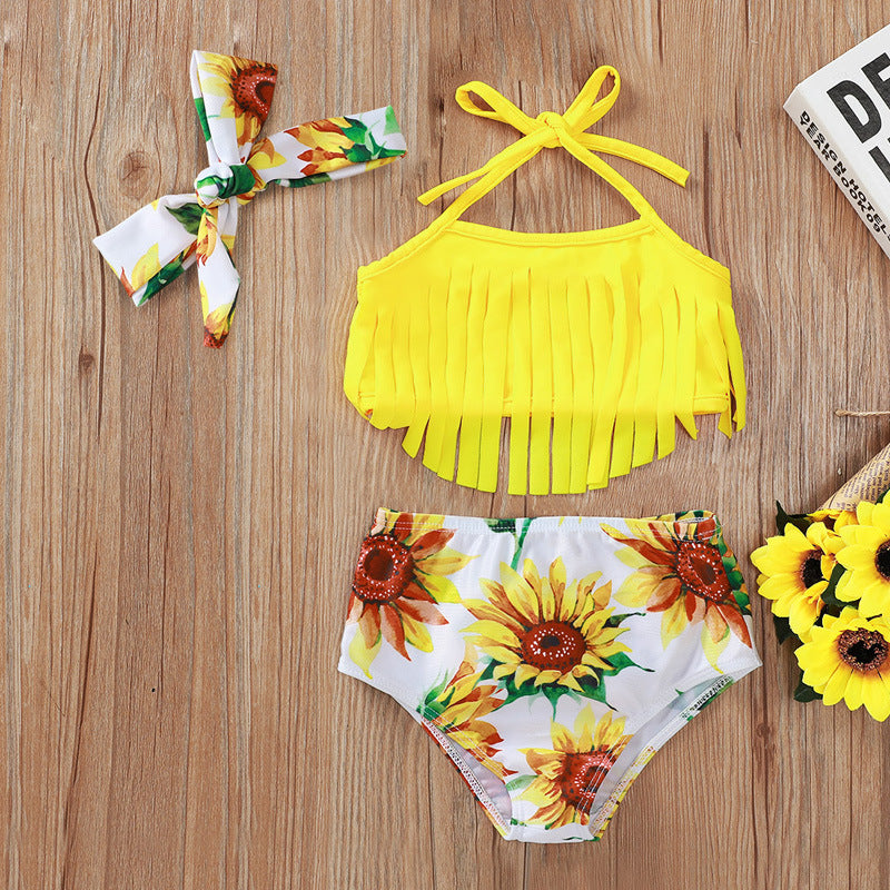 Traje de baño de dos piezas bikini con flecos de girasoles con vincha