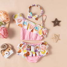 Cargar imagen en el visor de la galería, Blusa crop top, cubre pañal con volados, estampa de donas y postres, vincha incluido

