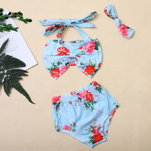 Cargar imagen en el visor de la galería, Traje de baño de dos piezas turquesa, atado al hombro con estampa de flores
