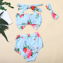 Cargar imagen en el visor de la galería, Traje de baño de dos piezas turquesa, atado al hombro con estampa de flores
