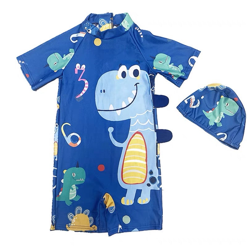 Traje de baño enterizo de dino con gorra